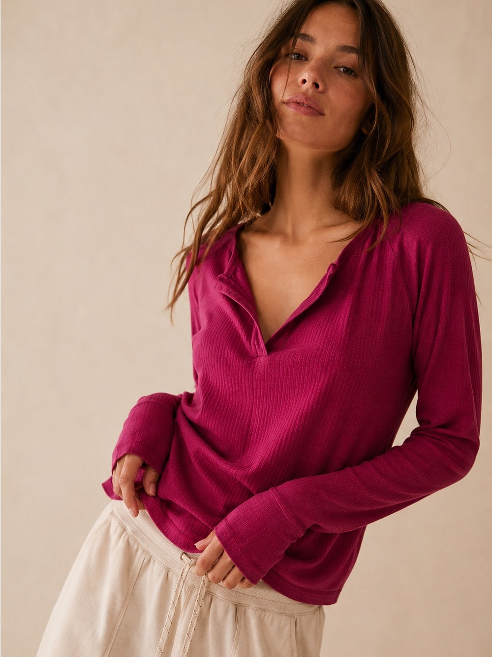 Intimately Free People Ribbed Thermal Split Neck Top XS Pink